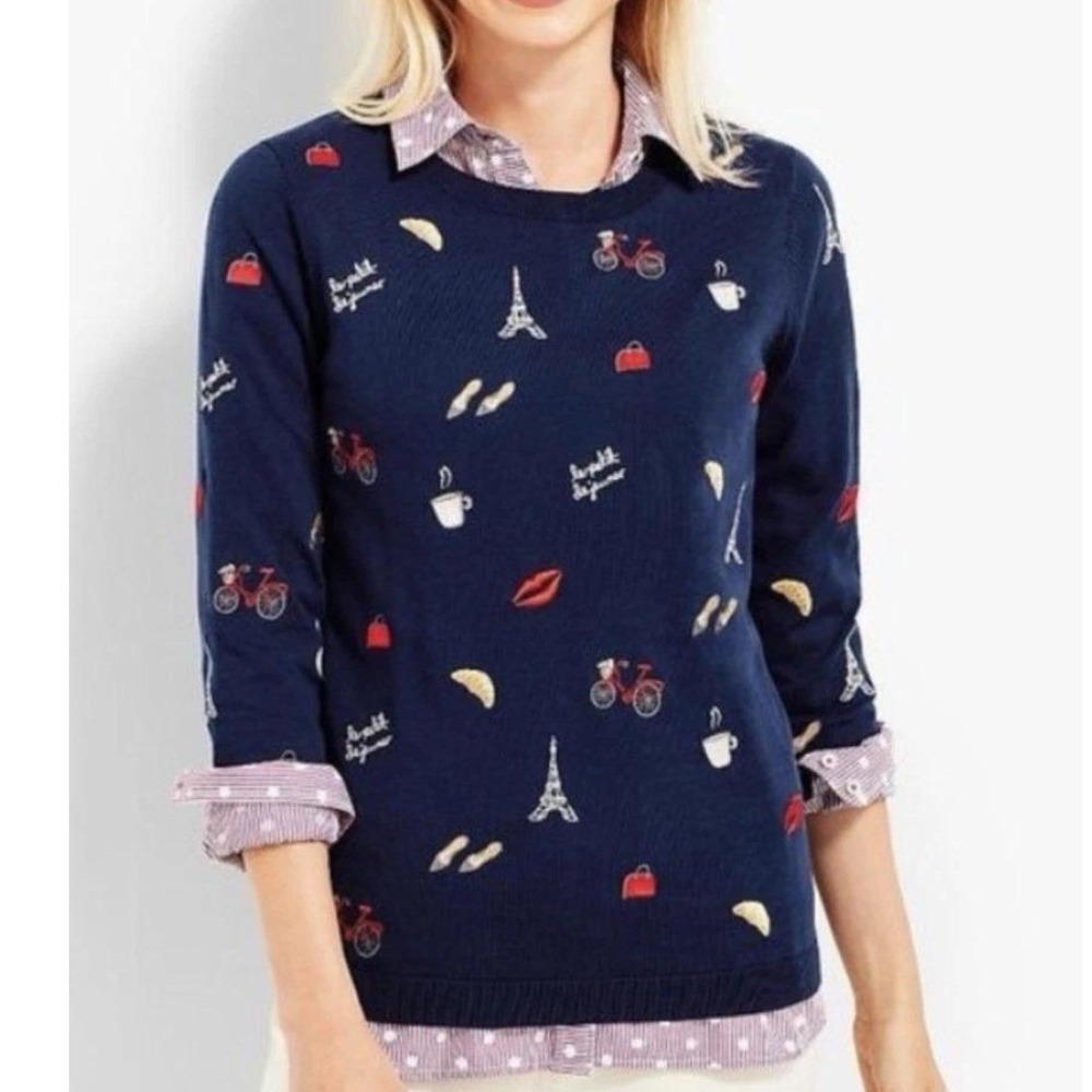 Talbots Sweater Women LP Navy Blue Excellent Paris Eiffel Tower Embroidered Top